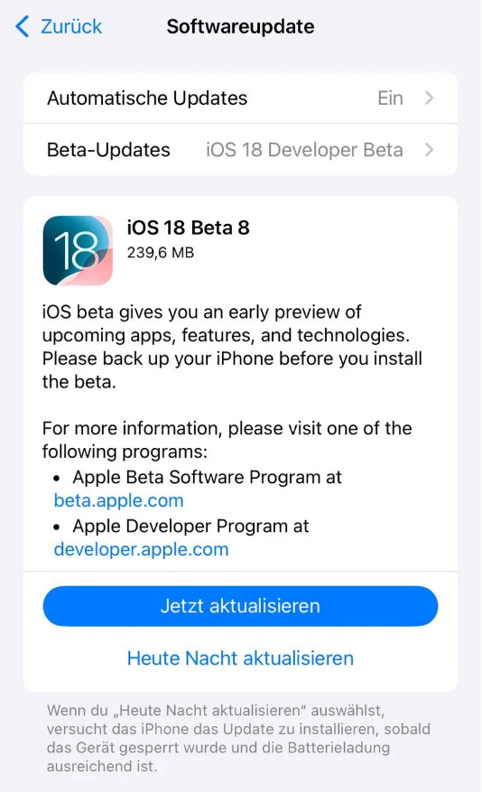 徐州苹果手机维修分享苹果 iOS / iPadOS 18 开发者预览版 Beta 8 发布 